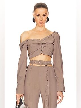 Rokh Asymmetric Twist Crop Blouse in Taupe